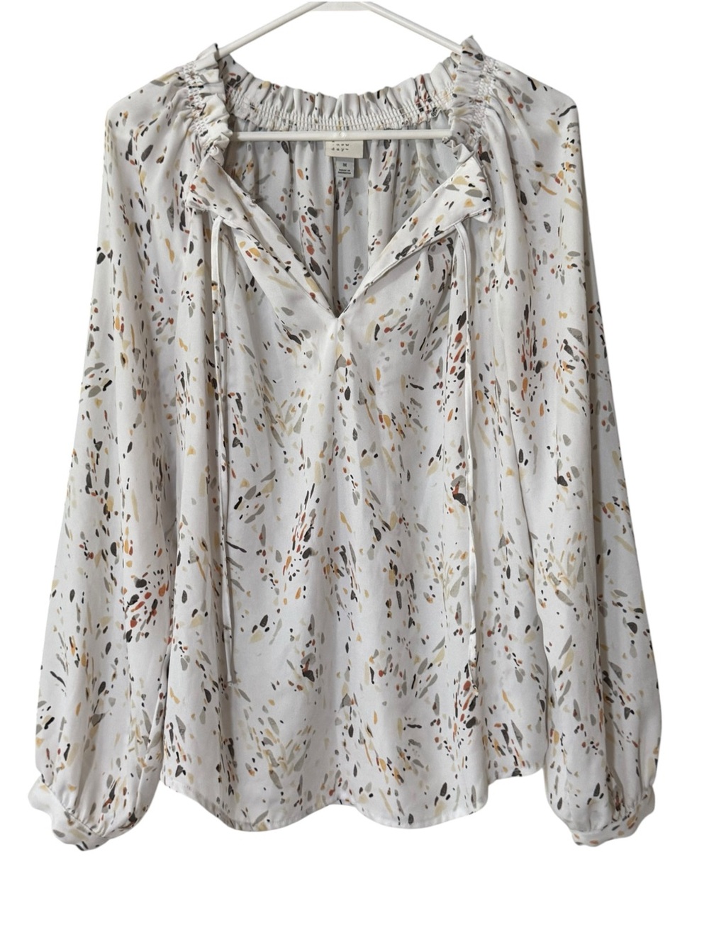 A New Day Women Abstract Speckled Smocked Tie Neck Peasant Blouse Size Medium